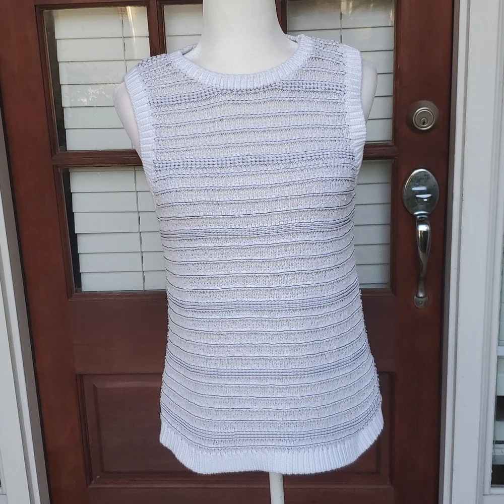 Loft Open Waffle Knit White and Black Sweater